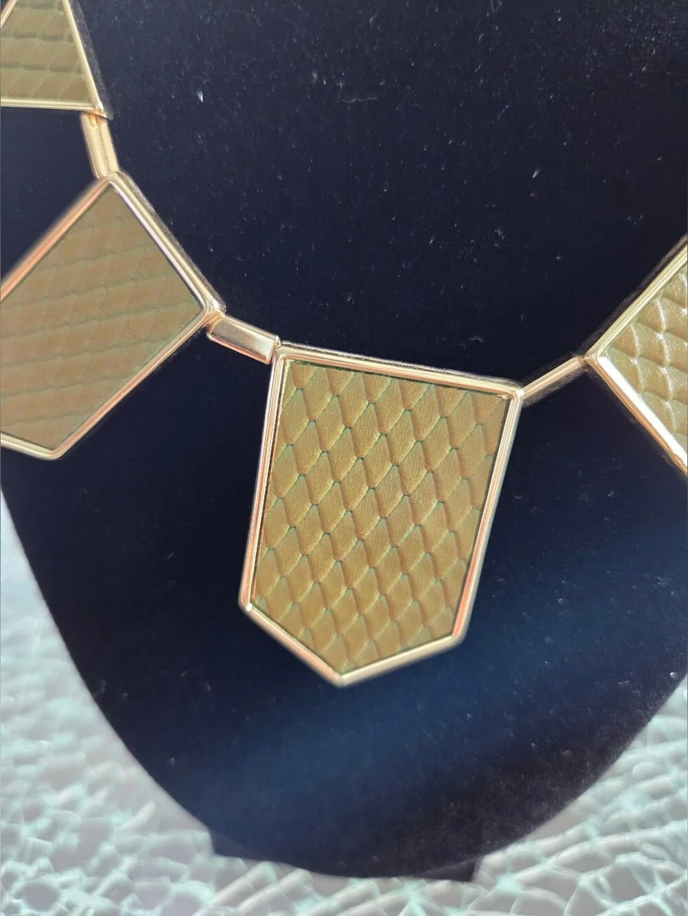 Gold Geometric Statement Necklace With Green Texture Panels - Women Jewelry